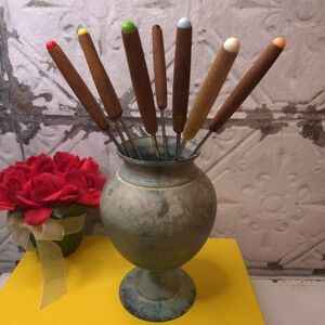 Set of Colorful Fondue Forks with Wooden Handles Set of 8 Hankyu Stainless Steel